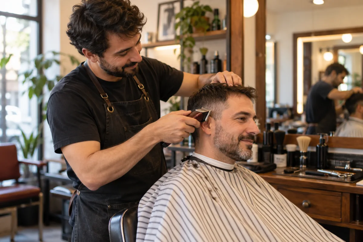Escena ilustrativa de un barbero atendiendo a un cliente en su barbería