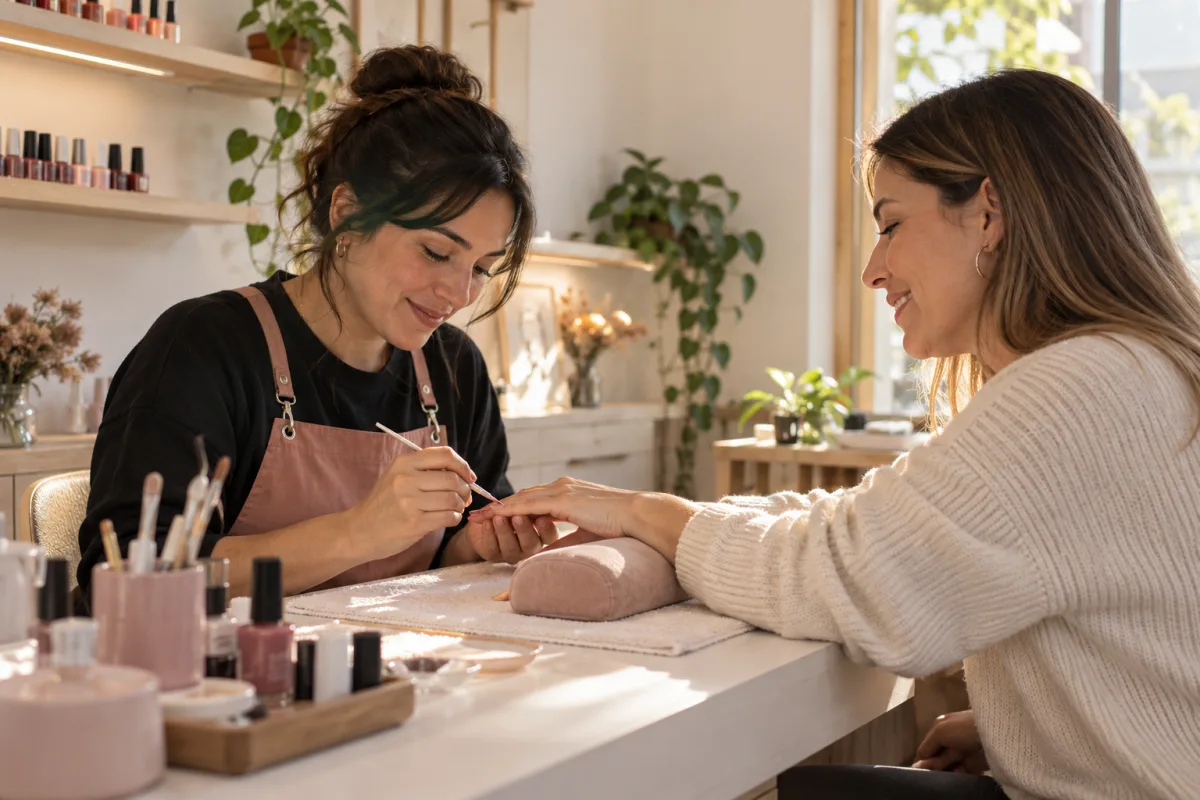 Escena ilustrativa de una manicura realizando un diseño de uñas a una clienta